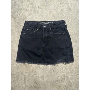 American Eagle Sz 0 A-Line‎ Denim Mini Skirt Button-Front Black Distressed